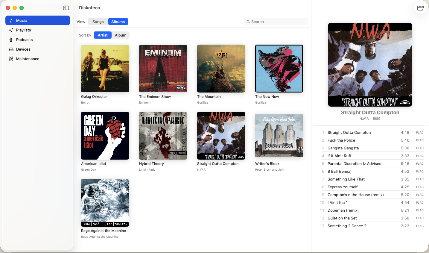 Diskoteca app showing music library with album art